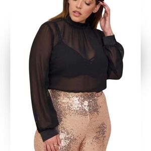 Torrid Black Sheer Chiffon Satin Trim Long Blouson Sleeves Blouse Plus Size 4X